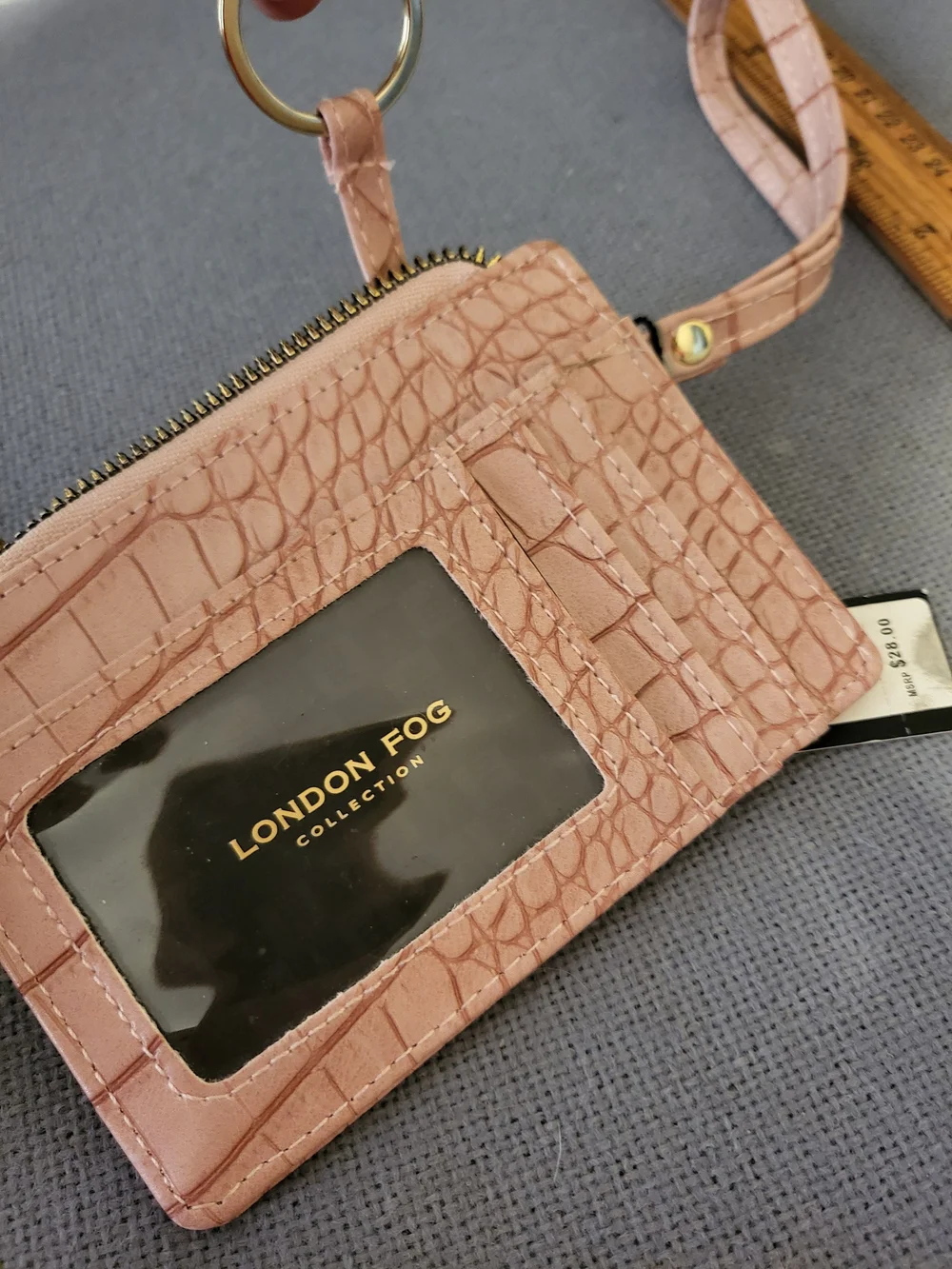 NWT! Pretty Pink! London Fog Blush Croc-Embossed Wristlet Card Case with Strap